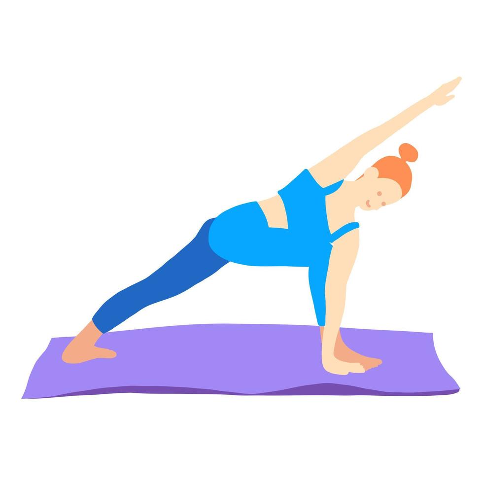 formation dans yoga pose de rad cheveux européen fille dans bleu survêtement sur une violet tapis. pilates, sport, santé. femme, dame, femme. vecteur illustration dans dessin animé plat style isolé sur blanc Contexte.