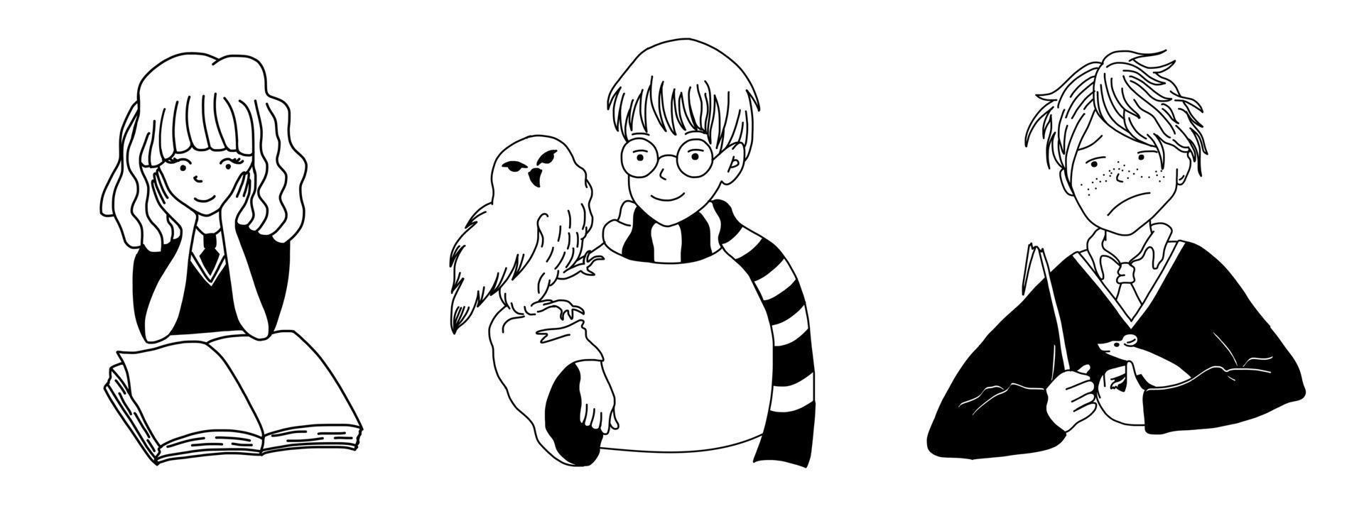 d'or trio. Harry, hermione et Ron. la magie vecteur illustration dans dessin animé griffonnage style isolé sur blanc Contexte.