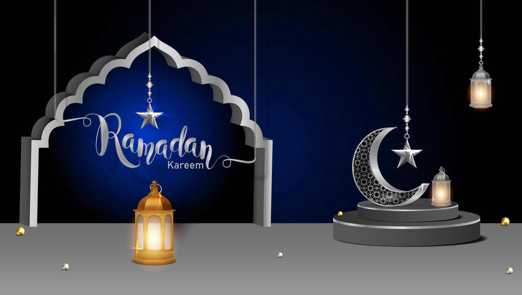 3d moderne islamique vacances bannière. afficher podium avec Ramadan lanterne, métal lune et mosquée portail vecteur