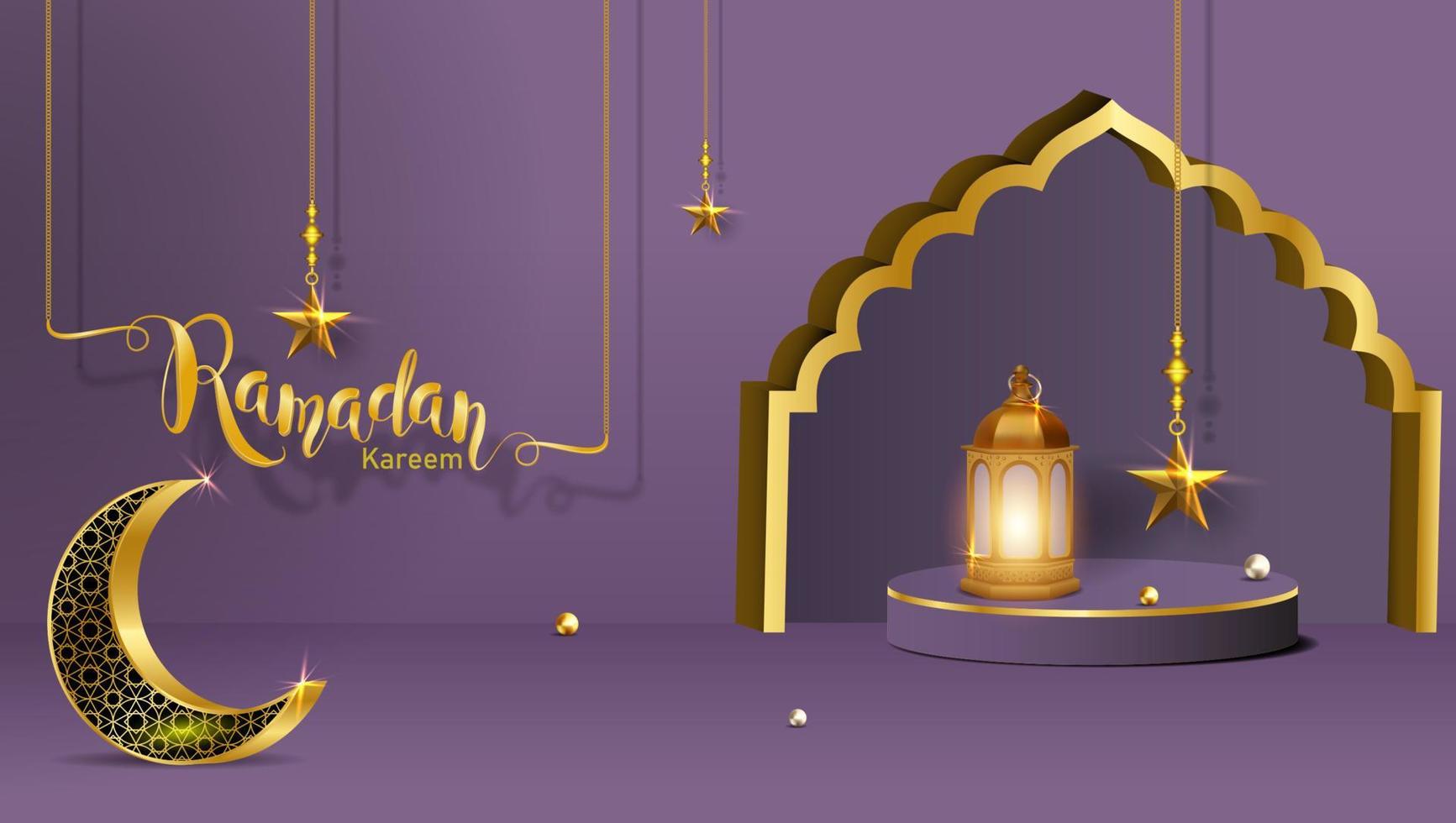 3d moderne islamique vacances bannière. afficher podium avec Ramadan lanterne, métal lune et mosquée portail vecteur