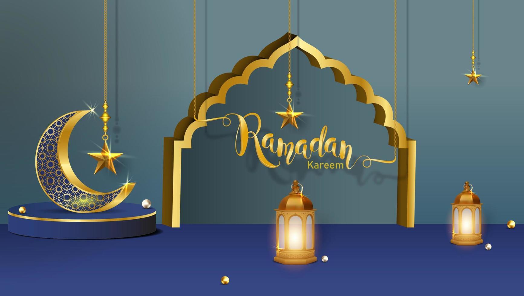 3d moderne islamique vacances bannière. afficher podium avec Ramadan lanterne, métal lune et mosquée portail vecteur