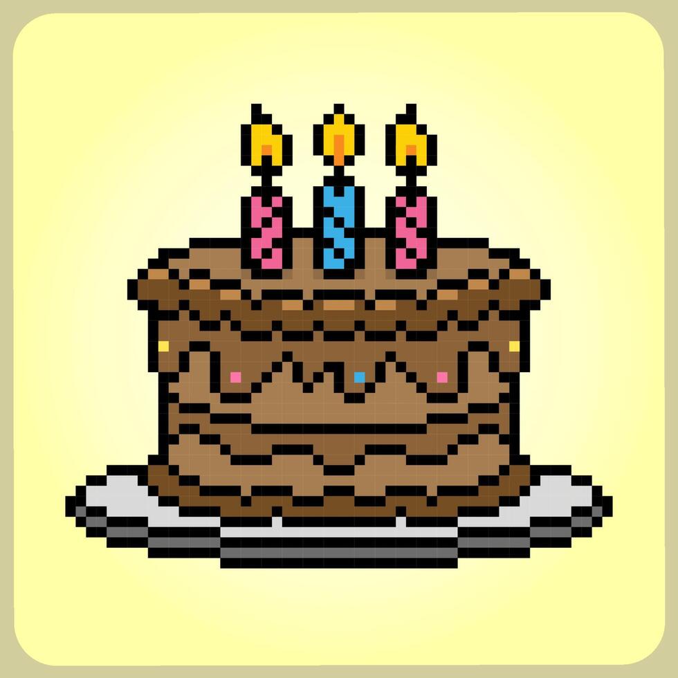 Gâteau d'anniversaire pixel 8 bits. aliment pour les actifs de jeu en illustration vectorielle. vecteur