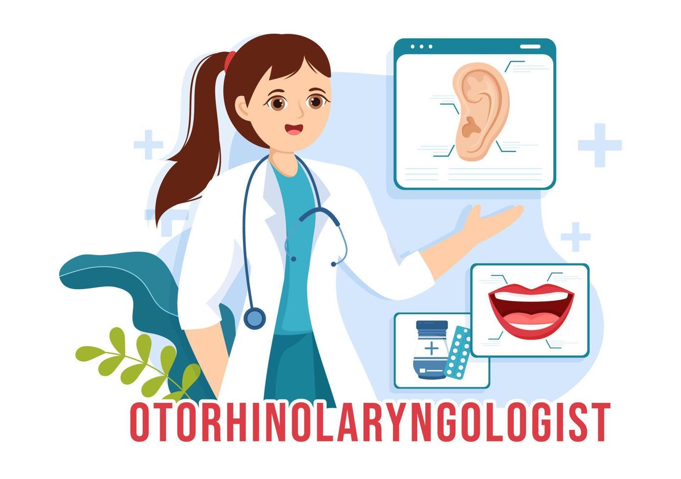 oto-rhino-laryngologiste illustration avec médical concernant à le oreille, nez et gorge dans soins de santé plat dessin animé main tiré atterrissage page modèles vecteur