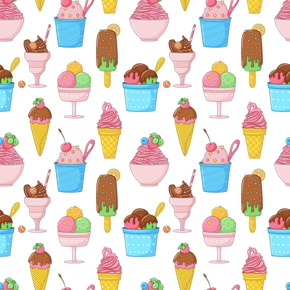 été sans couture modèle avec dessin animé brillant la glace crème, popsicle, fraise, Chocolat. emballage papier, tissu, fond d'écran conception. sucré été aliments. vecteur coloré des illustrations sur blanc Contexte.