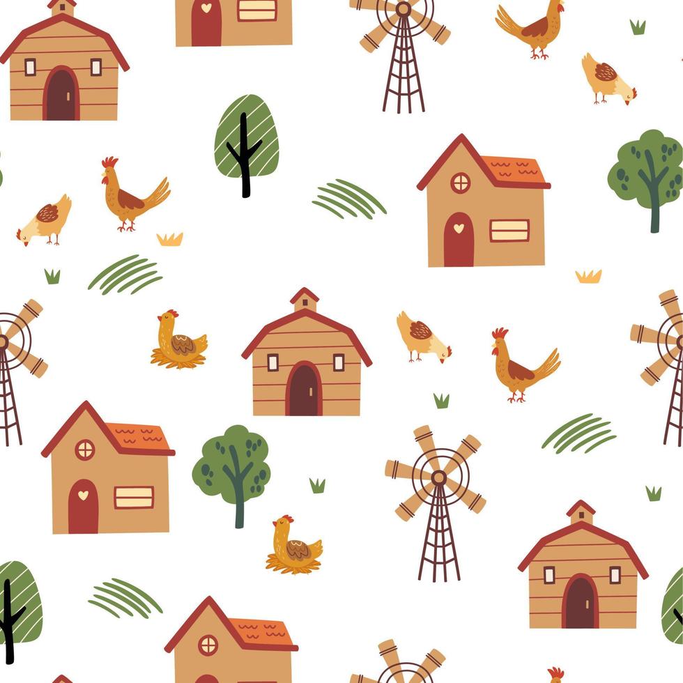 rural paysage sans couture modèle. ferme Contexte avec Maisons, Moulin à vent, des arbres et récolte. main tiré conception dans dessin animé style, utilisation pour imprimer, fond d'écran, des gamins vêtements, mode. vecteur illustration