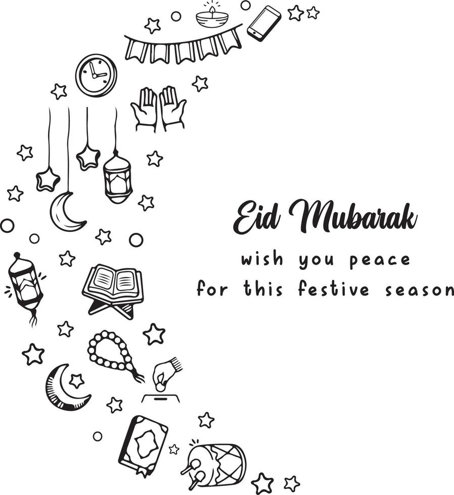 une ligne art griffonnage de eid et ramadhan Icônes. adapté pour affiche, bannière, invitation carte, Remarque livre couverture, présentation, cadeau conception, etc vecteur