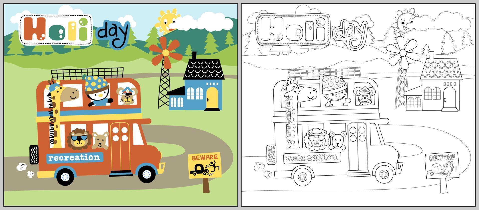 groupe de dessin animé animaux sur autobus dans vacances voyage, coloration livre ou page vecteur
