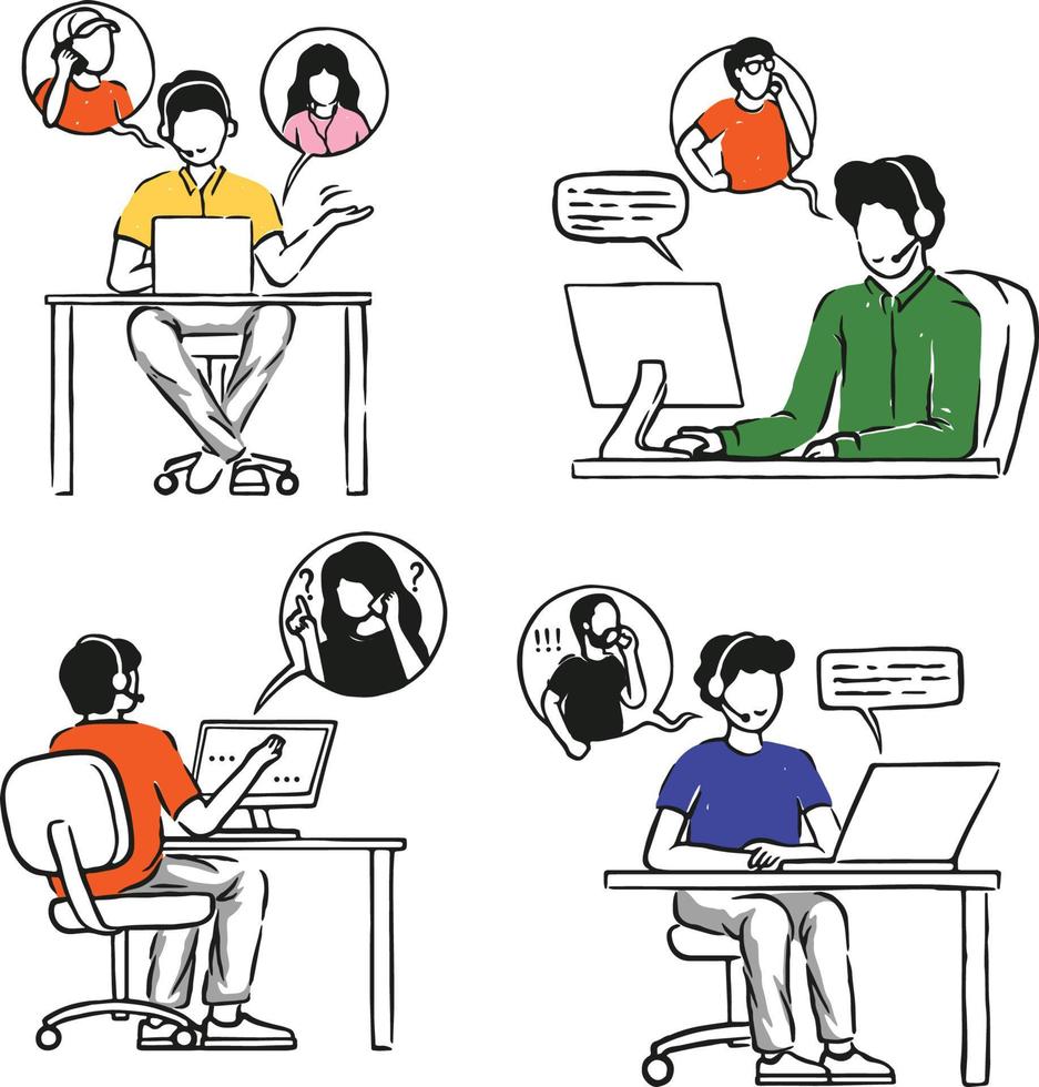 Bureau les opérateurs avec casques personnages. client service, hotline les opérateurs, technique global soutien, client soutien département personnel. main tiré vecteur illustration.