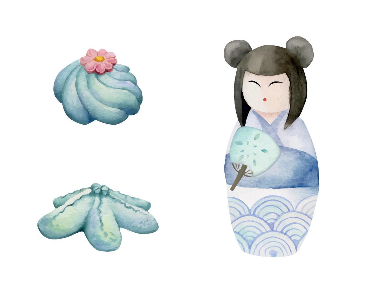 aquarelle main tiré traditionnel Japonais bonbons. été wagashi avec kokeshi poupée. isolé sur blanc Contexte. conception pour faire-part, restaurant menu, salutation cartes, imprimer, textile vecteur