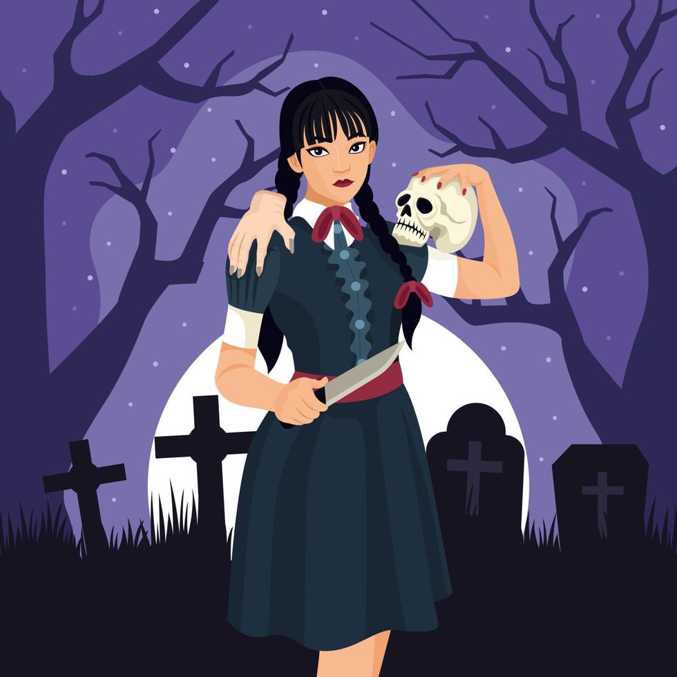 effrayant fille porter une crâne dans cimetière vecteur