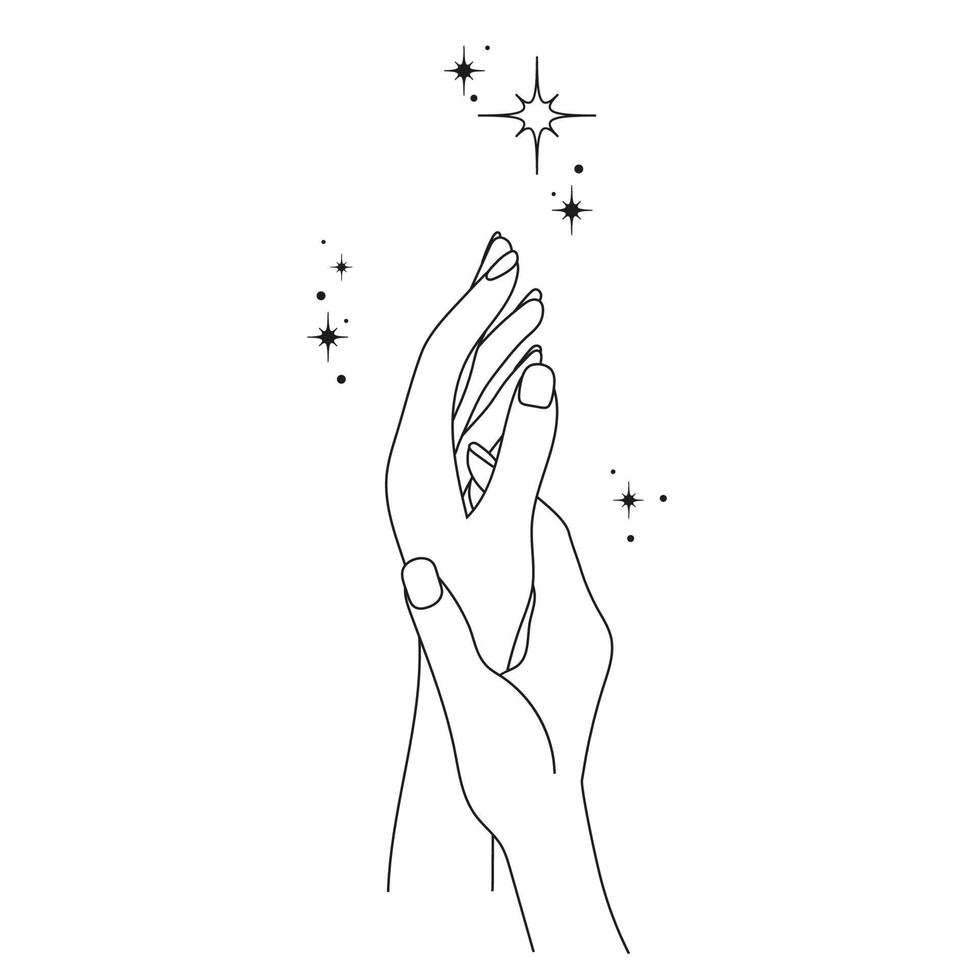 deux femmes mains, bras franchi, émouvant chaque autre avec étoiles. spa, crème, délicat peau. ésotérique vecteur