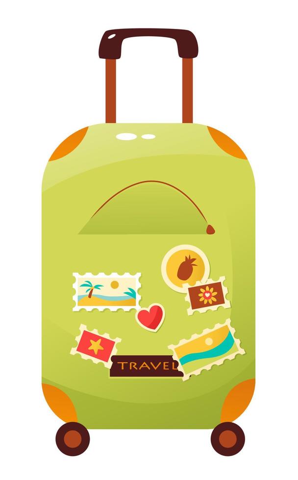 mignonne Voyage valise avec autocollants. une du voyageur sac. bagage sac. Voyage concept. dessin animé vecteur illustration