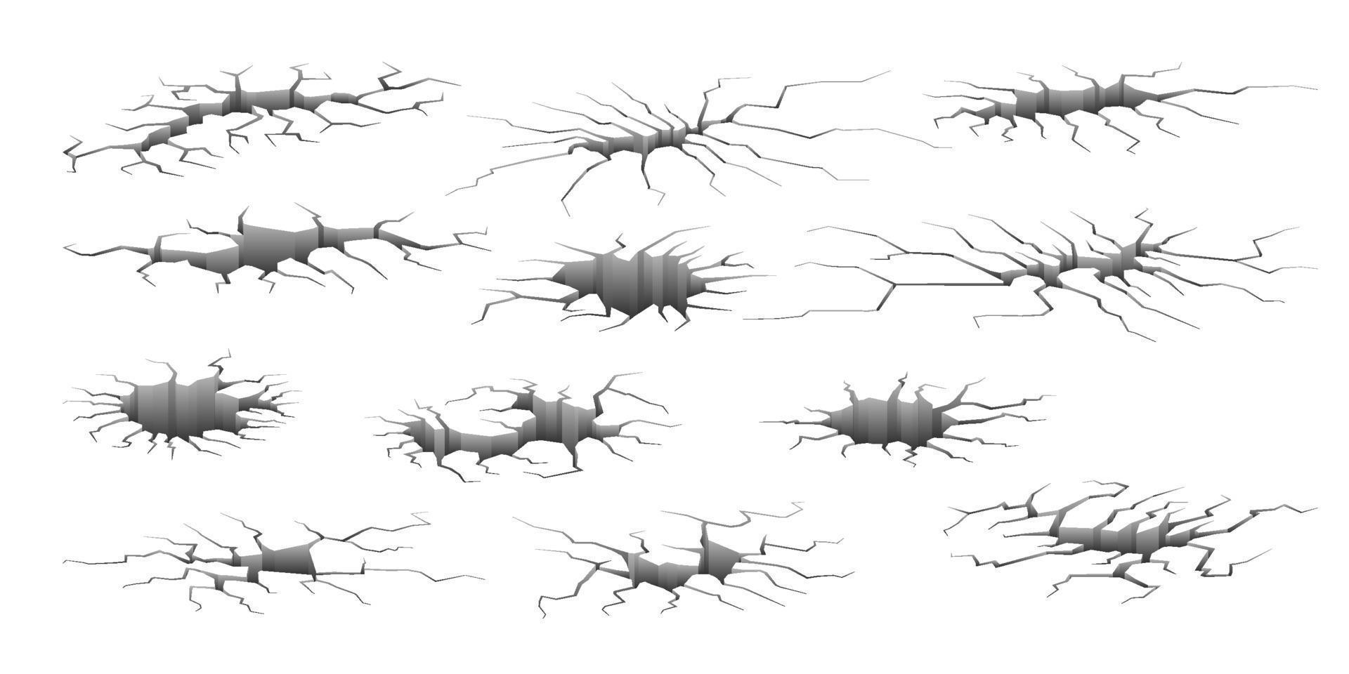 tremblement de terre fissures. sol cassé Divisé fragments. sismique sol vibration et endommagé béton destruction symboles. Terre tremblement de terre fissure trou fissure 3d trou ensemble. détruit terre ou mur avec fendu. eps vecteur