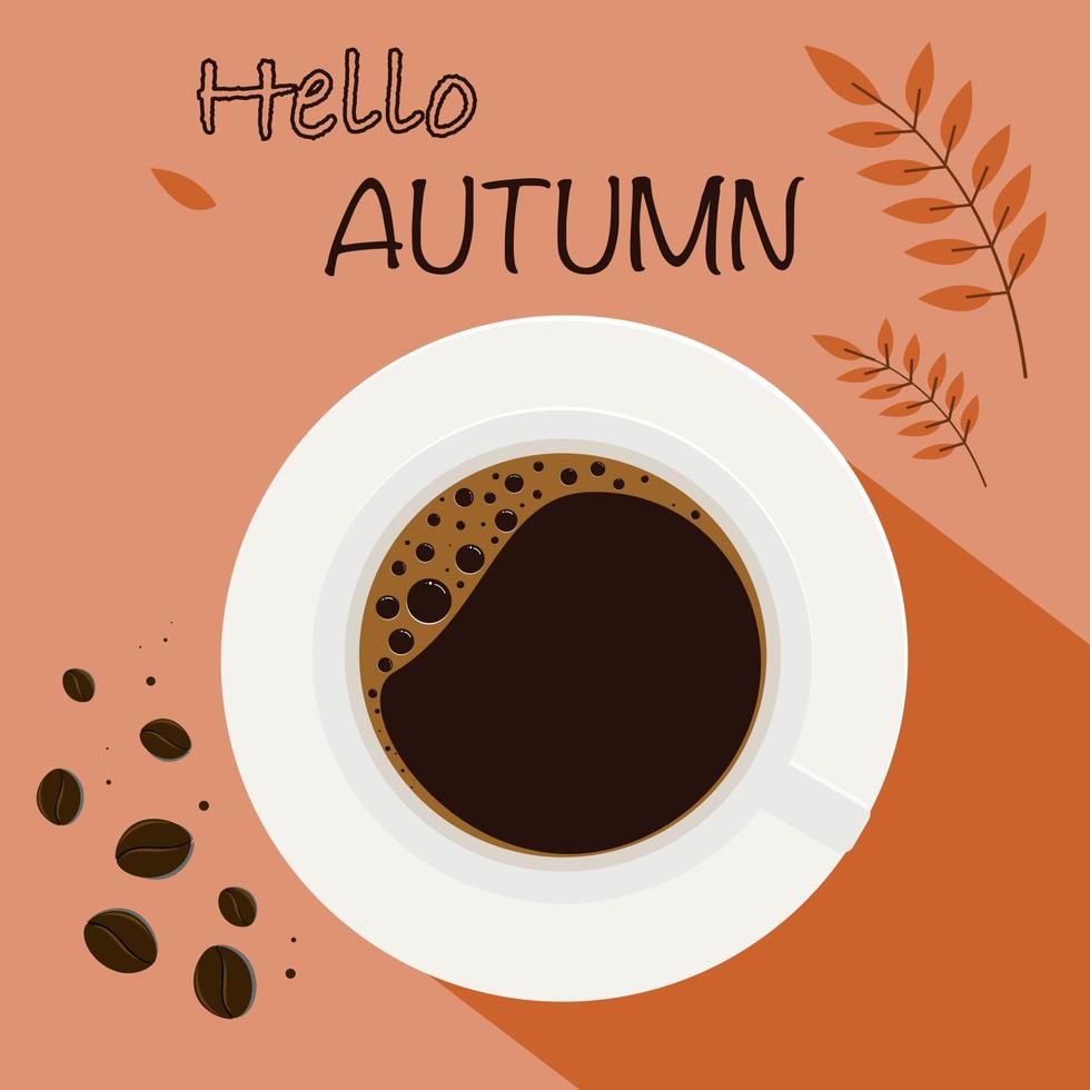 Bonjour l'automne. tasse de café, chaud Chocolat Haut vue et l'automne feuilles Contexte. vecteur illustration dans plat conception style.
