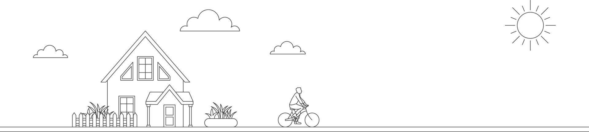 concept écologique de la ville. les hommes font du vélo dans la pelouse. les hommes vont travailler avec l'illustration vectorielle de la ligne de vélo. vecteur