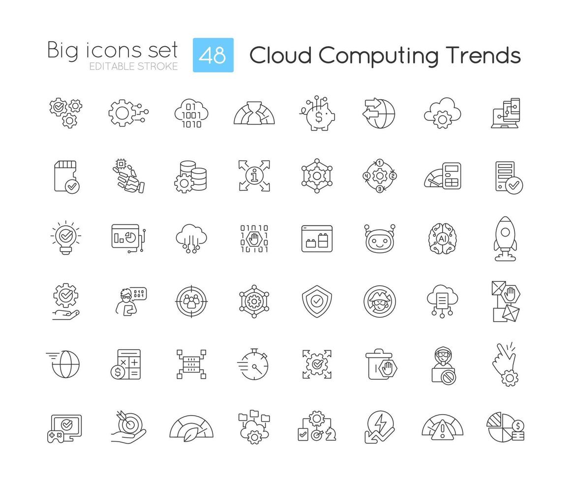 nuage l'informatique les tendances linéaire Icônes ensemble. innover les technologies avantages. personnalisable mince ligne symboles. isolé vecteur contour illustrations. modifiable accident vasculaire cérébral