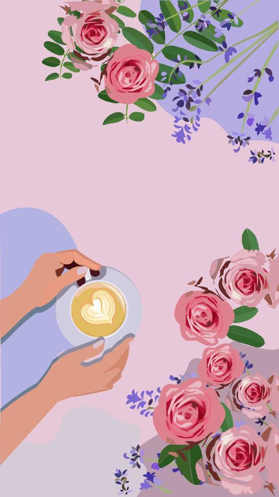 verticale Contexte style vecteur café fleurs avec mains et verre une tasse de café des roses plat allonger flatlay se détendre magnifique rose violet lavande