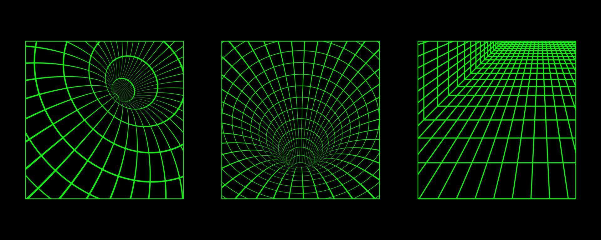 3d filaire affiches avec géométrique formes et grilles dans branché rétro cyberpunk Années 80 Années 90 style. y2k esthétique vecteur