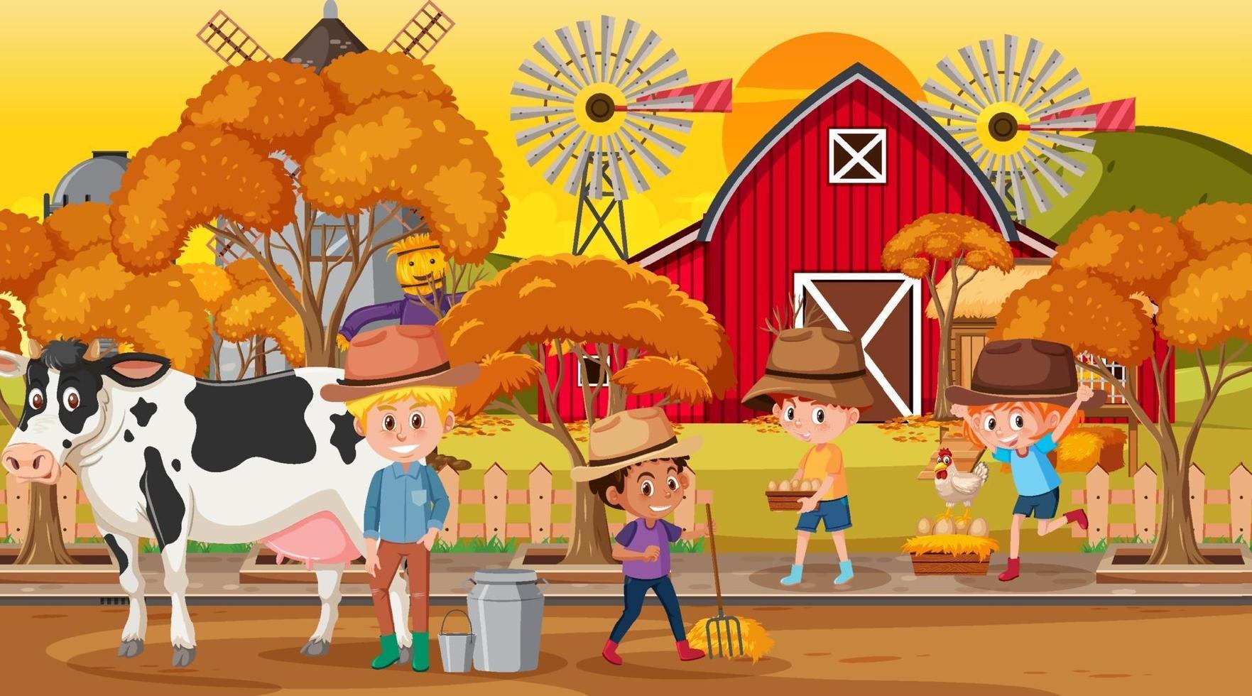 scène de ferme avec de nombreux personnages de dessins animés pour enfants et animaux de la ferme vecteur