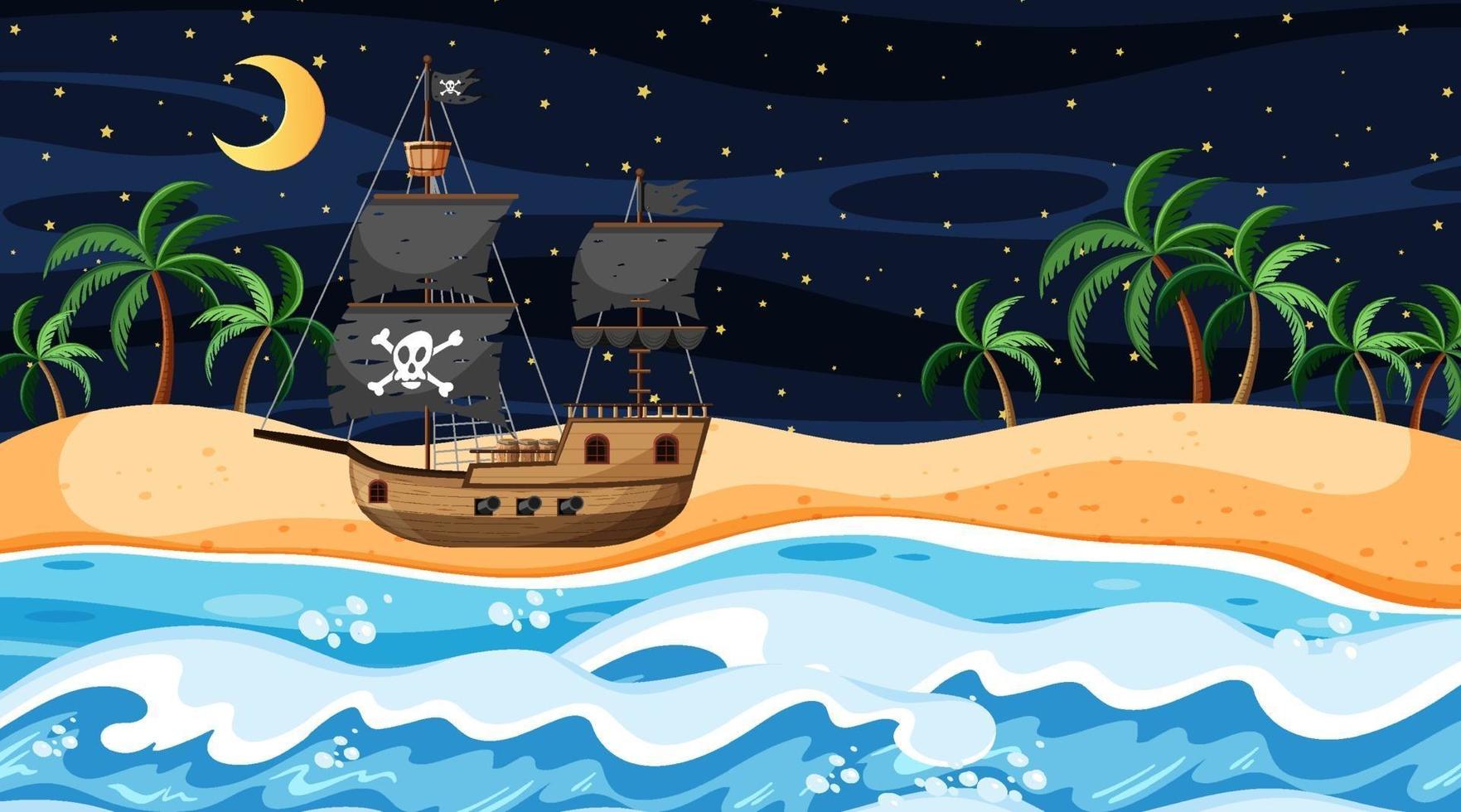 océan avec bateau pirate à la scène de nuit en style cartoon vecteur