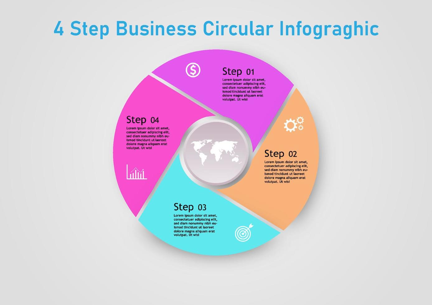 4 pas multi coloré infographie cercles là est une carte dans le centre de le cercle. et beaucoup Icônes pour affaires planification, finance, information vecteur