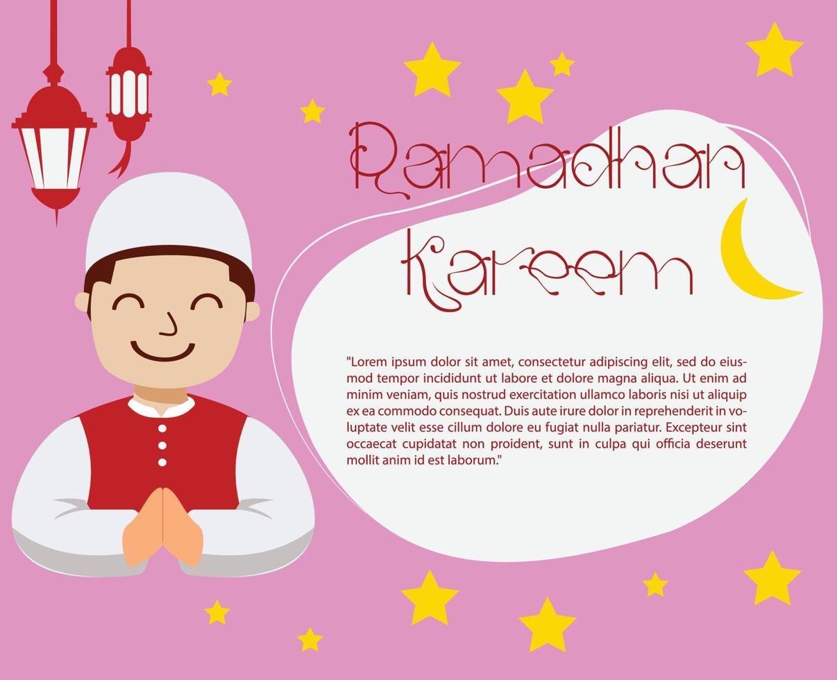 content Ramadan salutation carte avec dessin animé personnage de musulman homme vecteur