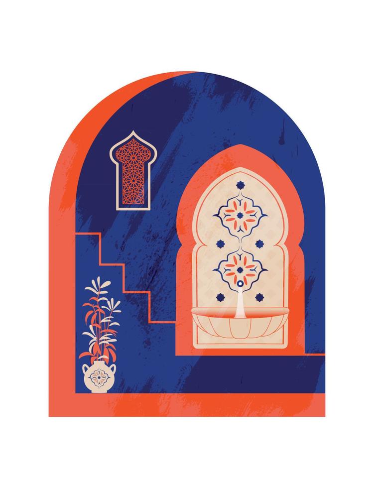 moderne et minimaliste boho conception. marocain scène. une marocain des portes, les fenêtres et traditionnel artisanat. terre cuite Contexte. vecteur illustration.