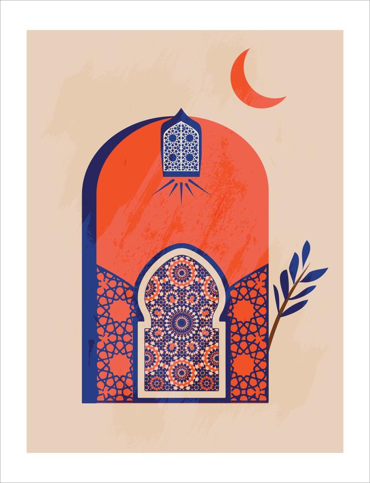 moderne et minimaliste boho conception. marocain scène. une marocain des portes, les fenêtres et traditionnel artisanat. terre cuite Contexte. vecteur illustration.