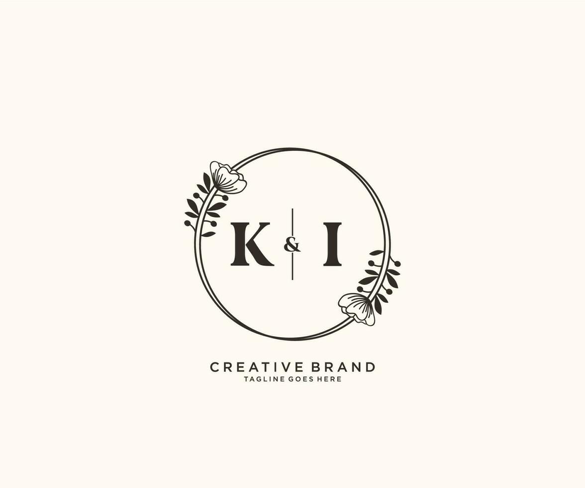 initiale ki des lettres main tiré féminin et floral botanique logo adapté pour spa salon peau cheveux beauté boutique et cosmétique entreprise. vecteur