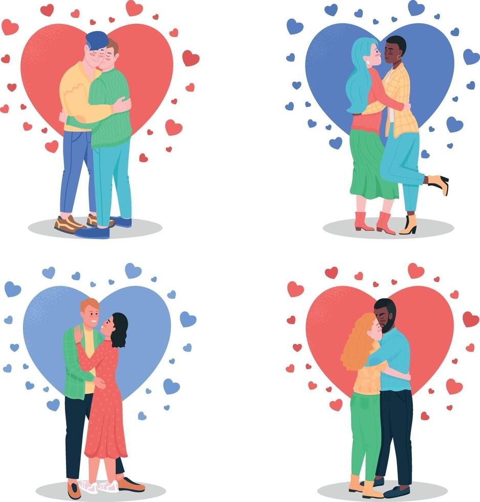 étreindre les couples amoureux jeu de caractères détaillé de vecteur de couleur plate