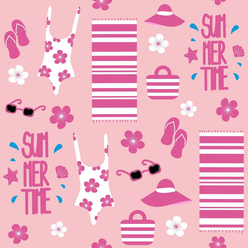 mignonne charmant sans couture vecteur modèle Contexte illustration avec maillots de bain, des lunettes de soleil, retourner fiasco, été chapeau, fleurs et autre plage éléments