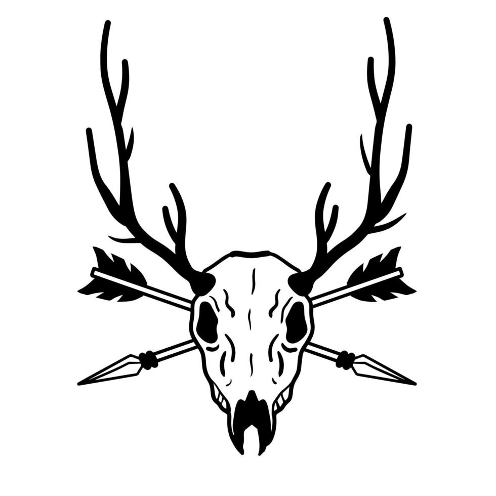 crâne de cerf avec La Flèche dans diriger. chasse trophée avec cornes. ramure de cerf ou renne avec photo du visage. effrayant noir et blanc dessin pour Halloween. vecteur