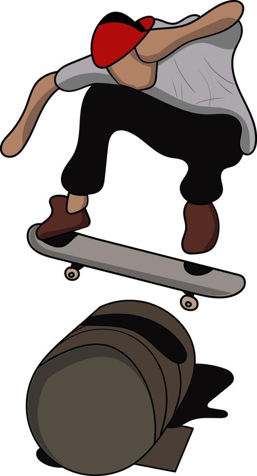 Skateur de caractère plat sautant un tonneau vecteur