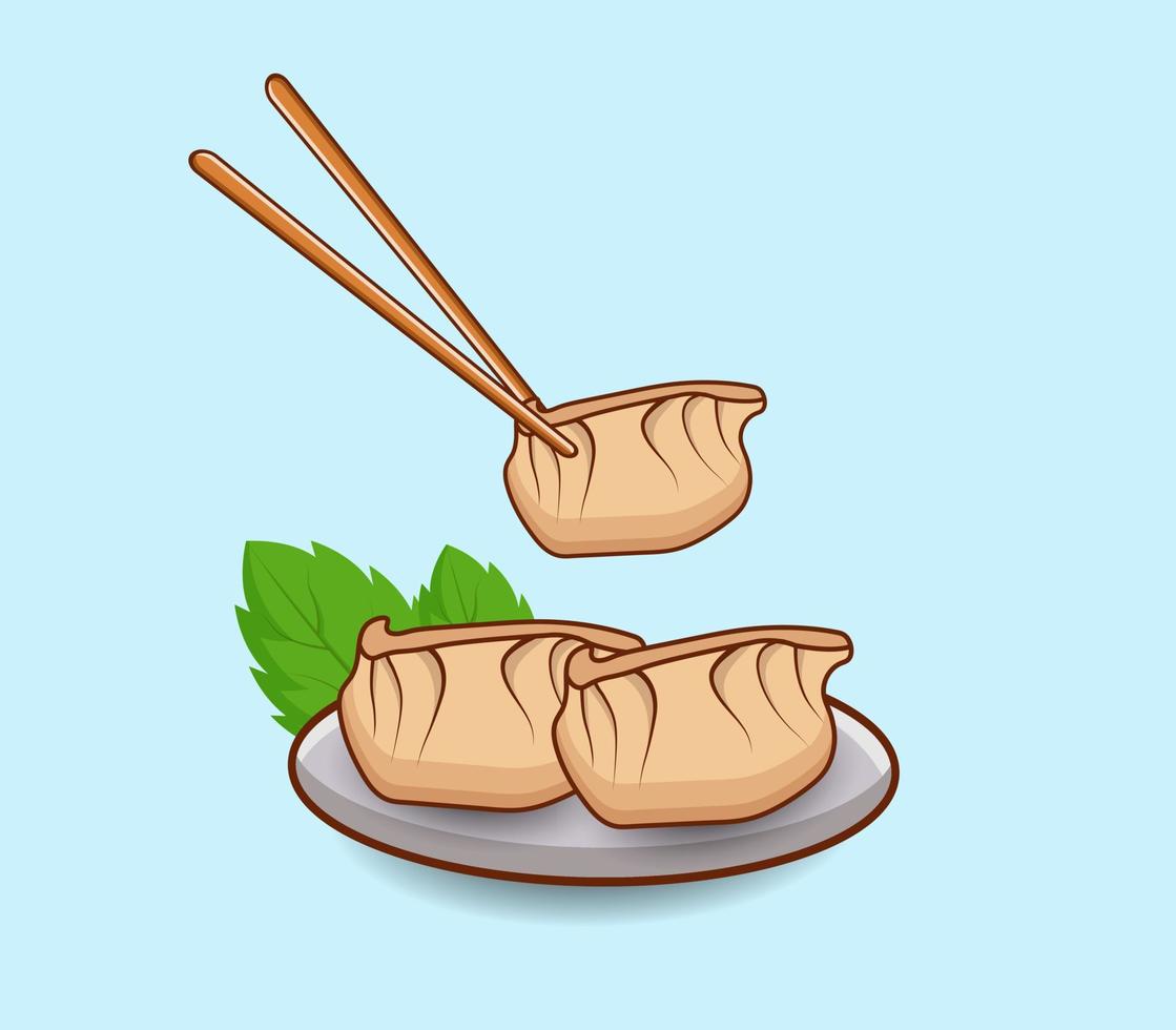 meilleur jiaozi des illustrations conception. baume à lèvres assiette bol légume jiaozi boulette vapeur bambou minimal repas savoureux menu délicieux nourriture isolé illustration vecteur