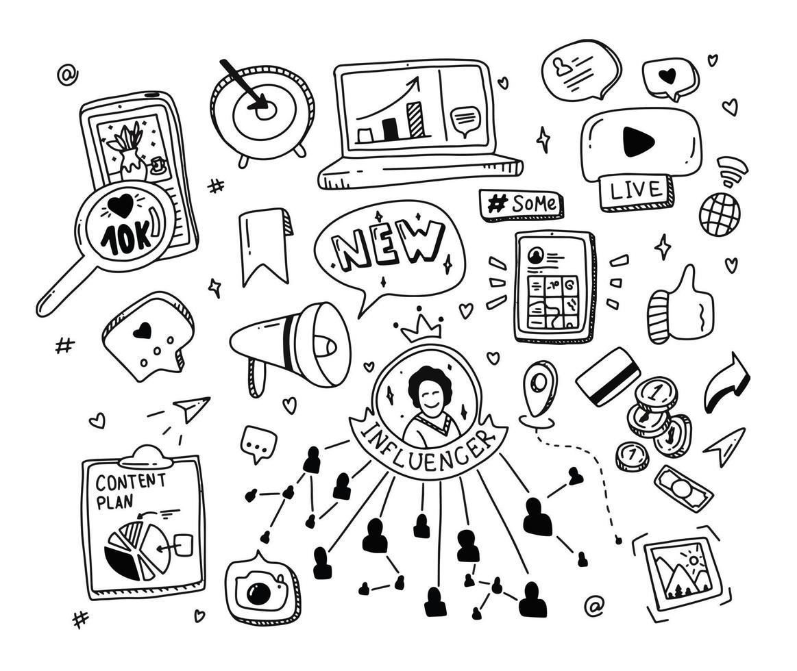 doodle définir le concept de médias sociaux. éléments de marketing d'influence. vecteur