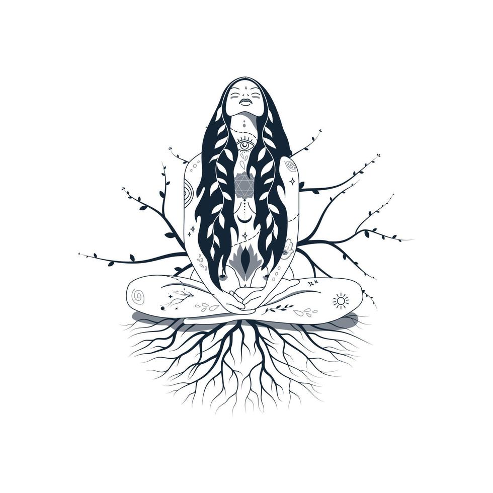 déesse femme dans ésotérique tatouages dans lotus pose. le concept de mère Terre comme une femme. spirituel entraine toi. vecteur illustration isolé sur blanc Contexte