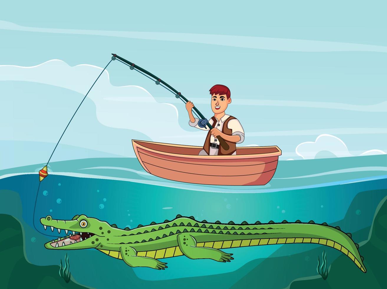 le pêcheur captures poisson sur le bateau, mais une prédateur crocodile captures le appât, une dessin animé scène vecteur