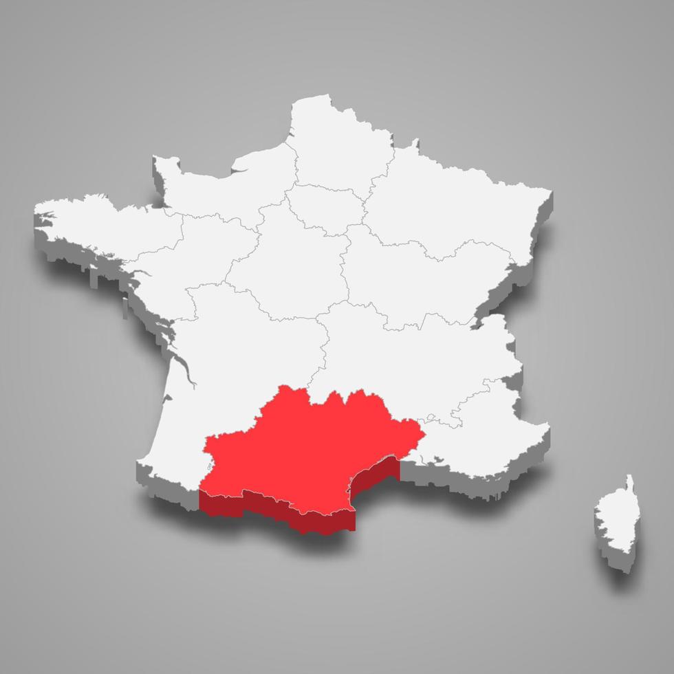 occitanie Région emplacement dans France 3d isométrique carte vecteur