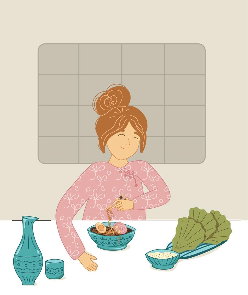 fille dans une kimono mange ramen et riz avec salade feuilles et les boissons thé. vecteur mignonne minimaliste illustration avec asiatique nourriture et asiatique fille. coréen fille, coréen nourriture, Japonais aliments.