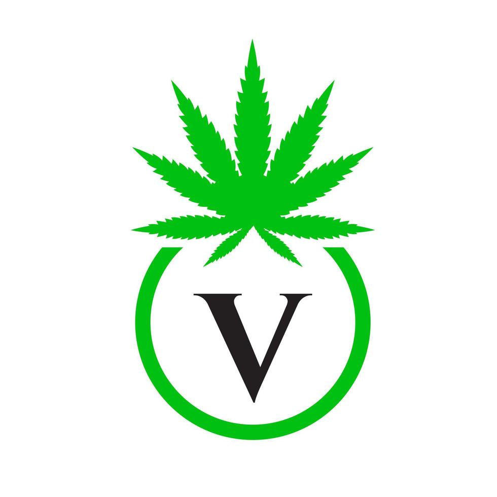 cannabis logo signe concept v alphabet symbole pour thérapie, médical et santé se soucier et marijuana logo. vecteur