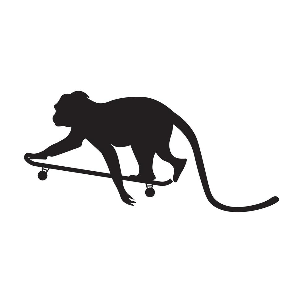 silhouette de une singe équitation une planche à roulette. vecteur