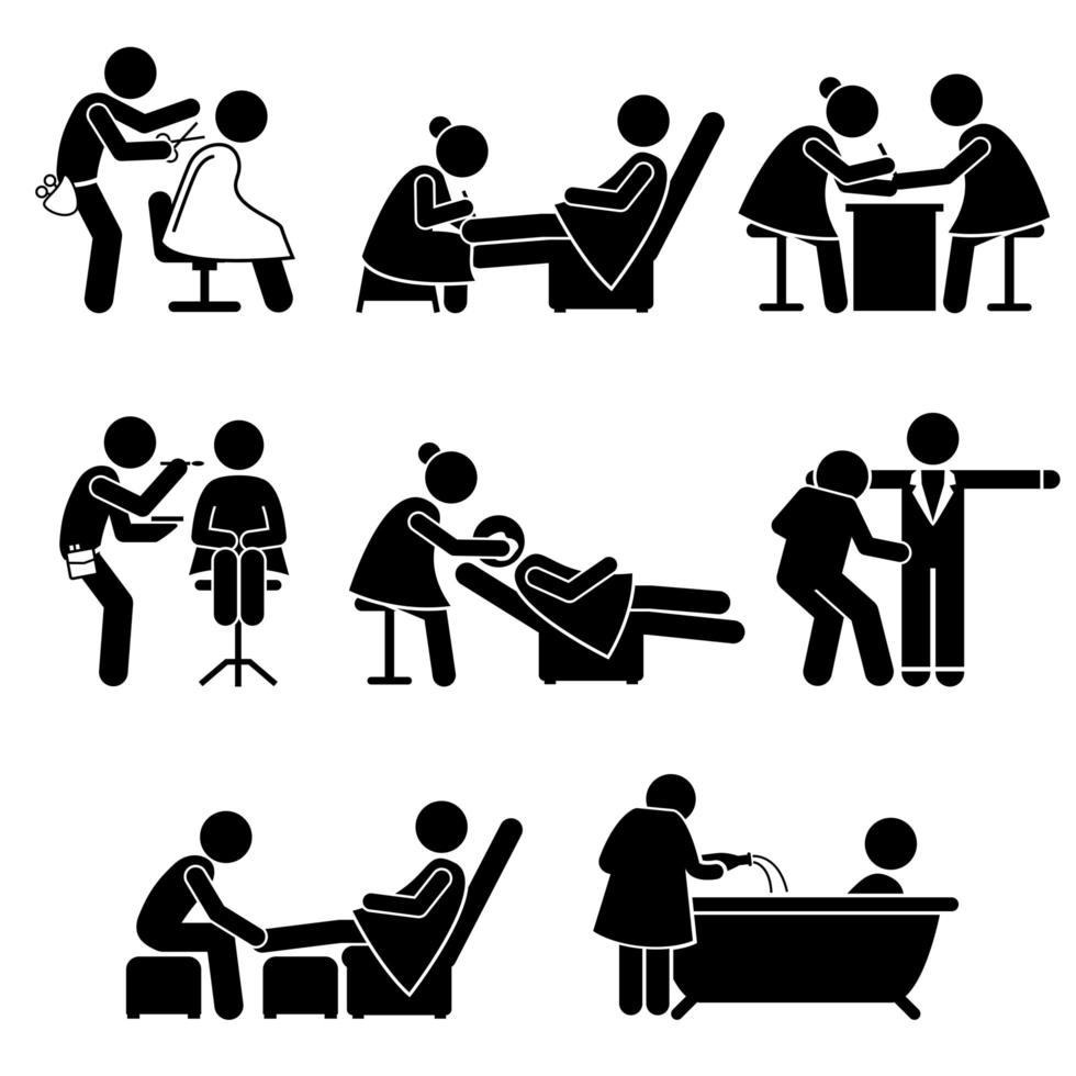 salon de beauté maquillage artiste spa services emploi stick figure pictogramme icônes. vecteur