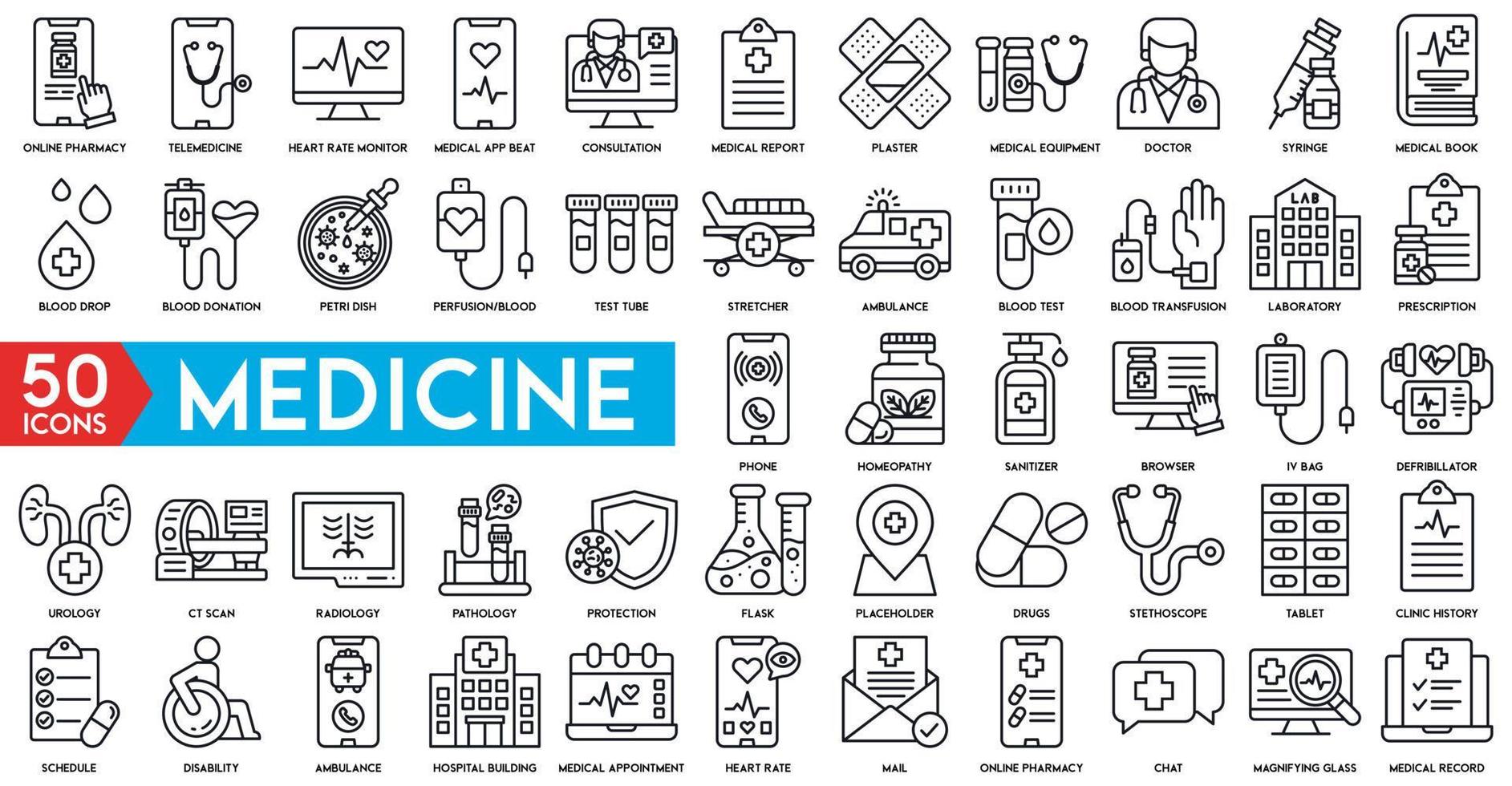 Facile ensemble médicament vecteur ligne icône en ligne pharmacie, télémédecine, cœur taux moniteur, médical app battre, consultation, médical rapport et plâtre