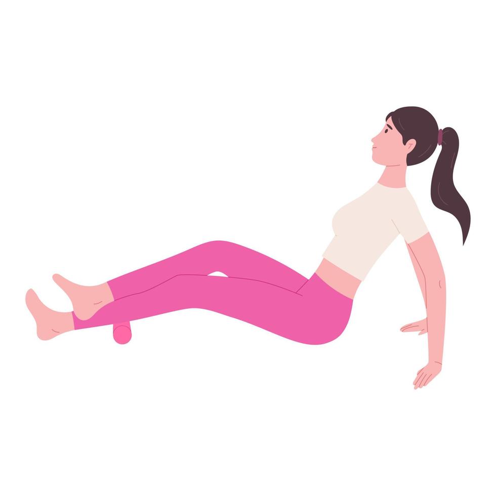 femme roulant mousse rouleau sur sa veaux, plat vecteur illustration isolé sur blanc Contexte. intelligent aptitude entraînement. myofascial libérer. yoga et pilates équipement.