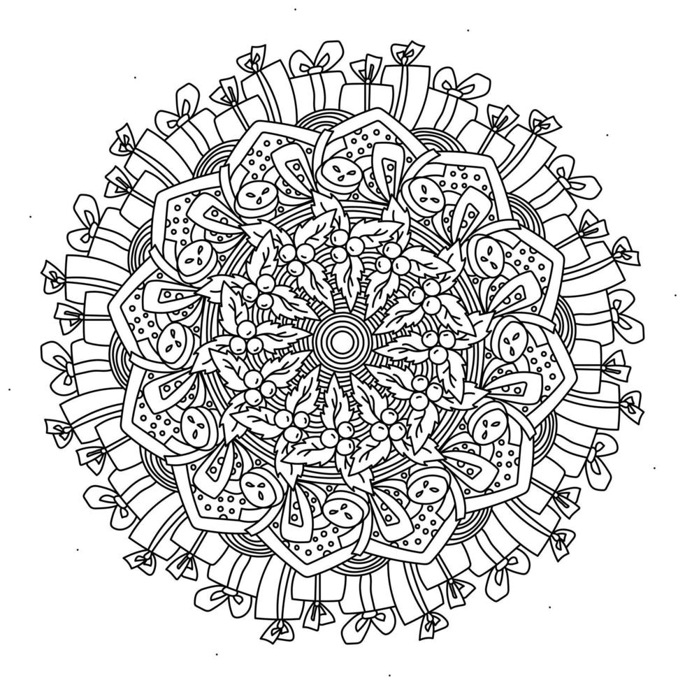 Noël contour mandala, vacances coloration page avec cloches, houx et noël les attributs vecteur