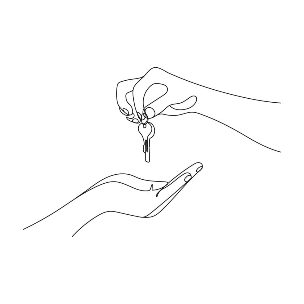 main donnant le clés à un autre main. un ligne art. le concept de achat ou vente réel domaine. vecteur