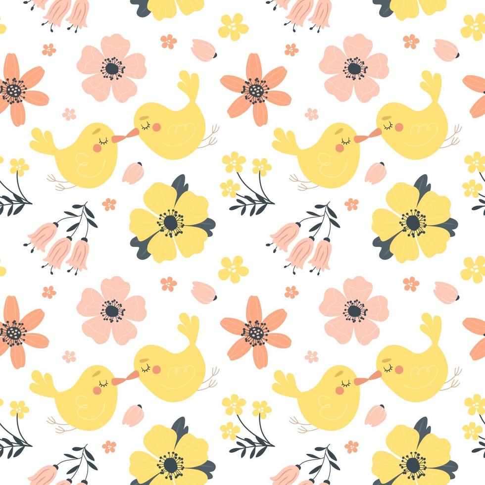 motif de printemps sans couture avec des oiseaux et des fleurs mignons. illustration vectorielle dans un style plat. vecteur