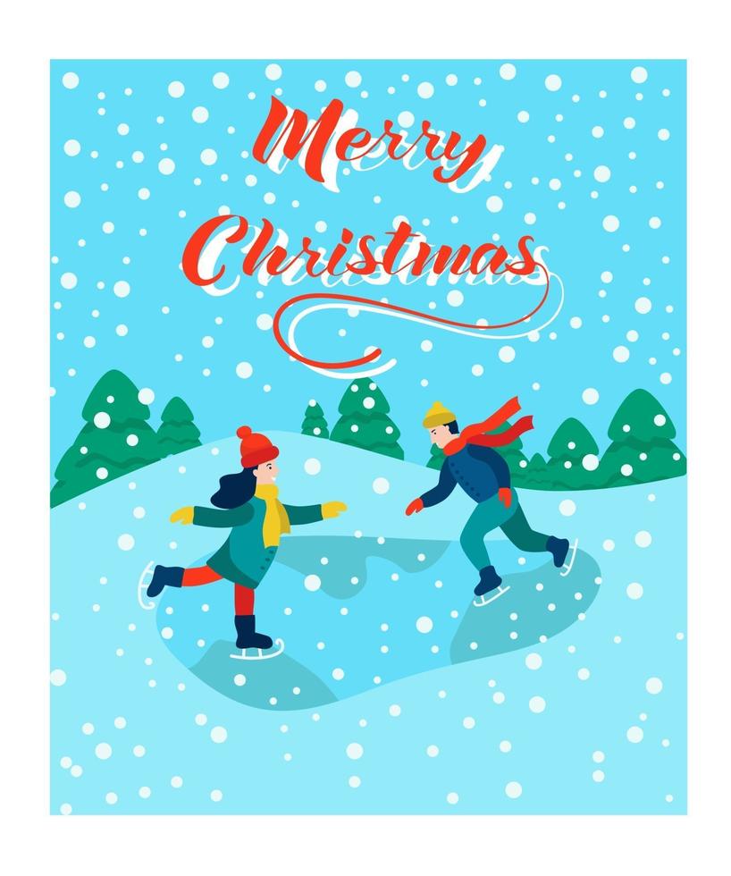 carte de Noël. les enfants patinent. lettrage joyeux noël. illustration vectorielle. bannière, affiche, modèle. vecteur