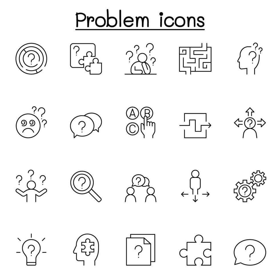 icônes de problème et de question définies dans un style de ligne mince vecteur