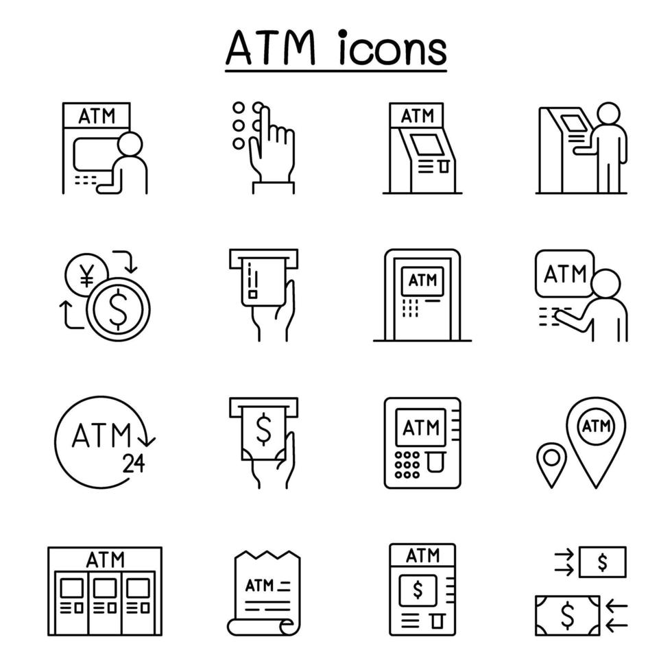 icônes atm définies dans un style de ligne mince vecteur